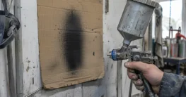 Probe-Spritzbild auf Pappe an der Wand, davor eine Lackierpistole mit Stellschrauben