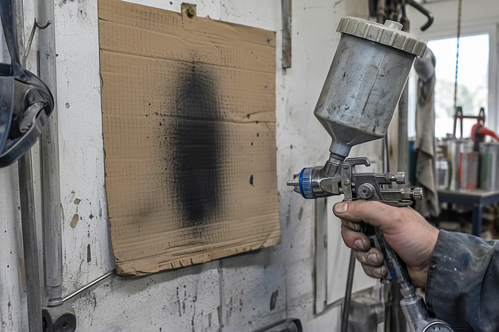Probe-Spritzbild auf Pappe an der Wand, davor eine Lackierpistole mit Stellschrauben