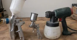 HVLP-Lackierpistole, Mini-Lackierpistole und elektrisches Farbsprühsystem nebeneinander auf einem Holztisch