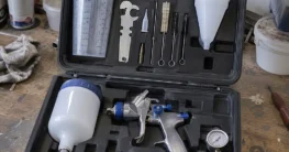 Geöffneter Koffer mit Lackierpistole, Düsen, Manometer, Reinigungsbürsten und Mischbechern