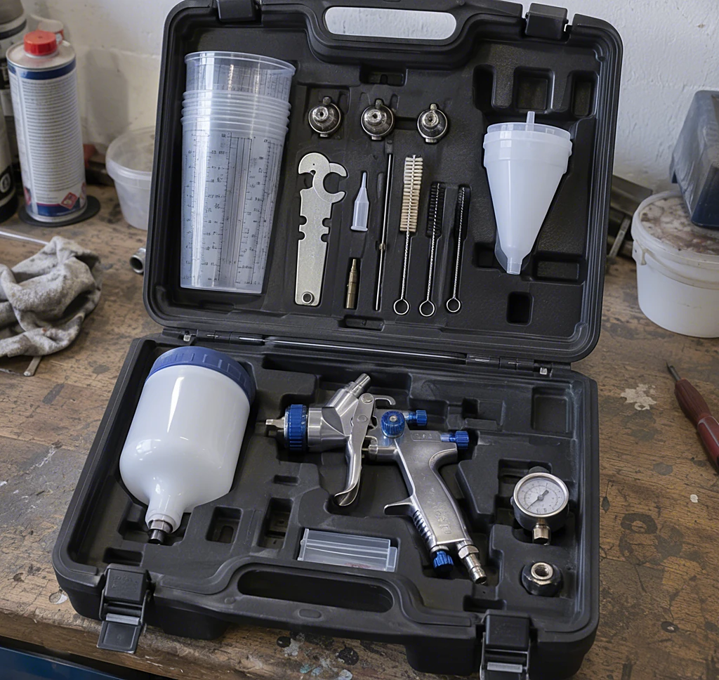 Geöffneter Koffer mit Lackierpistole, Düsen, Manometer, Reinigungsbürsten und Mischbechern