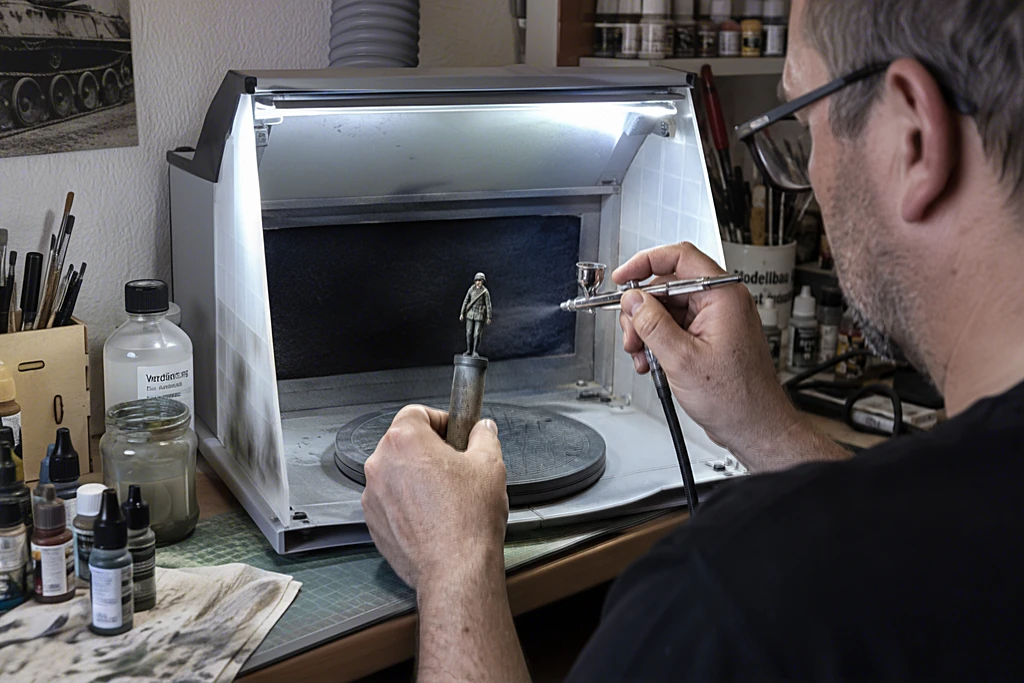 Airbrush-Absaugkabine mit LED-Licht, darin wird eine Modellfigur mit der Airbrushpistole besprüht