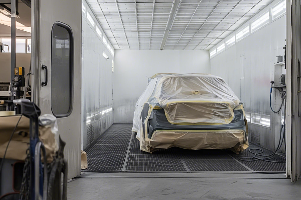Stationäre Lackierkabine mit Filterdecke und Gitterrostboden, darin ein abgeklebtes Auto