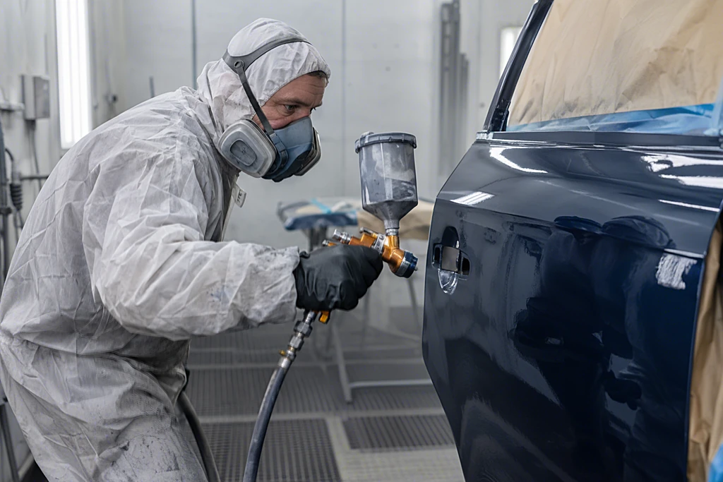 Lackierer im Schutzanzug trägt Klarlack auf eine dunkelblaue Autotür in einer Lackierkabine auf