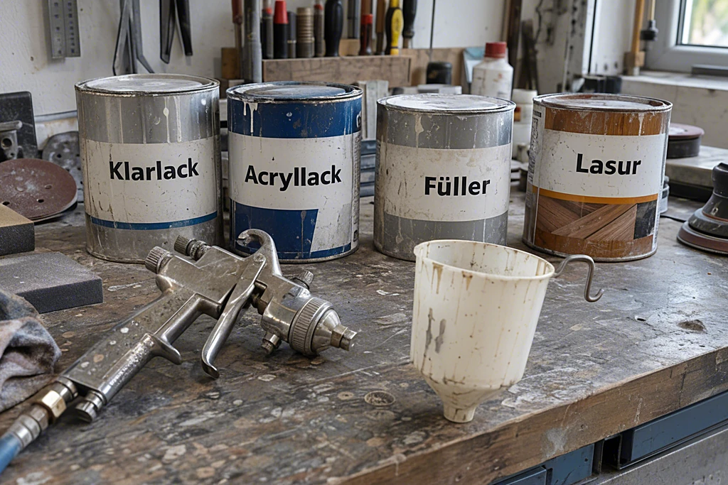 Lackdosen mit Klarlack, Acryllack, Füller und Lasur neben einer Lackierpistole und einem Messbecher