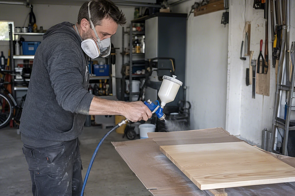 Heimwerker übt mit einer Lackierpistole auf einem Probebrett aus Holz