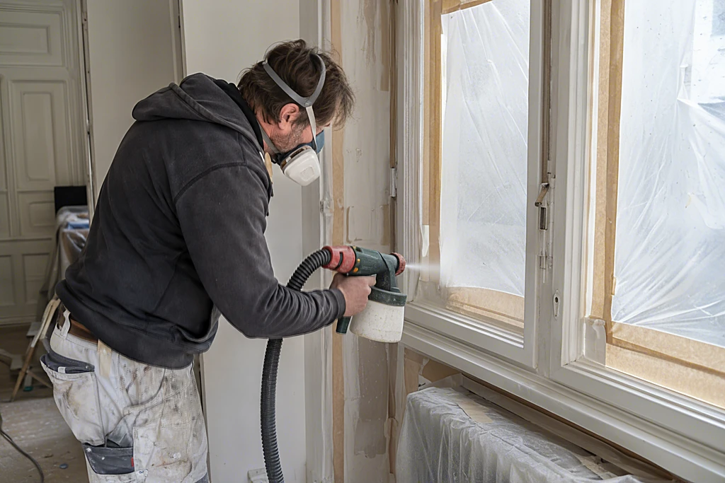 Heimwerker sprüht einen abgeklebten Holzfensterrahmen mit einem elektrischen Farbsprühsystem