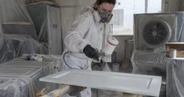 Person im Schutzanzug lackiert eine liegende Schranktür in einer mit Folie abgedeckten Werkstatt