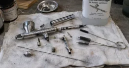Zerlegte Airbrushpistole auf einem Tuch mit Reinigungsbürsten und einer Flasche Airbrush-Reiniger