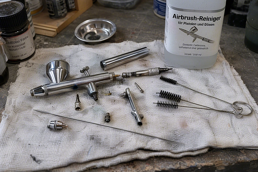 Zerlegte Airbrushpistole auf einem Tuch mit Reinigungsbürsten und einer Flasche Airbrush-Reiniger