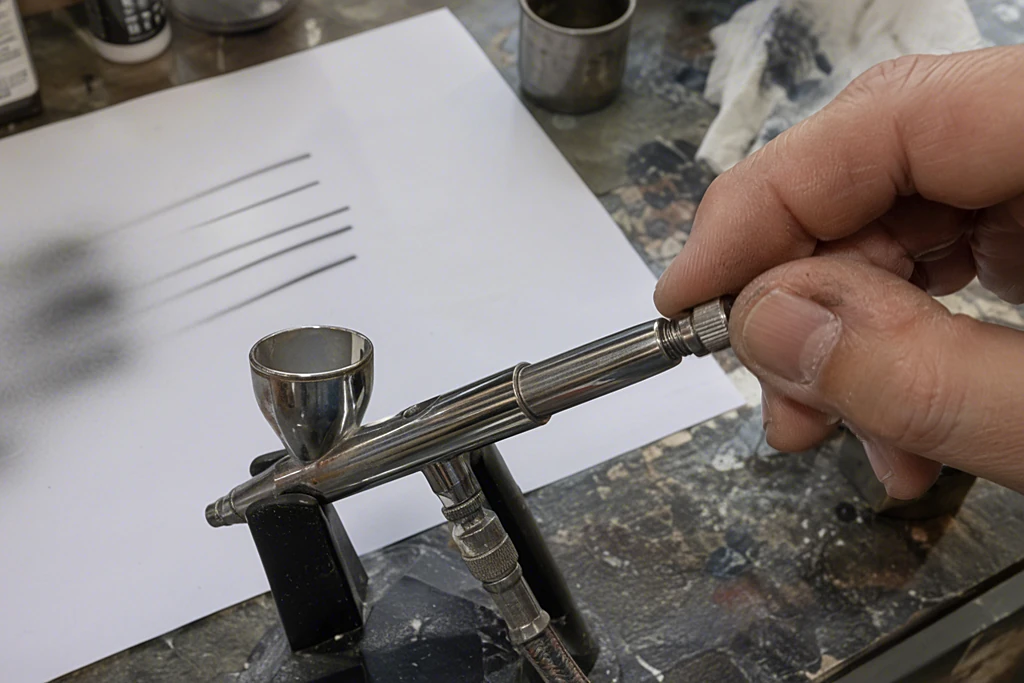 Hand stellt die Nadelbegrenzung einer Airbrushpistole ein, daneben feine Probelinien auf Papier
