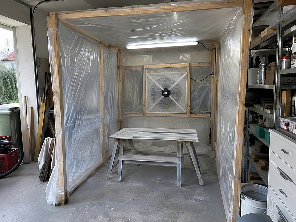 Selbst gebaute Lackierkabine aus Holzlatten und Folie mit Ventilator in der Rückwand