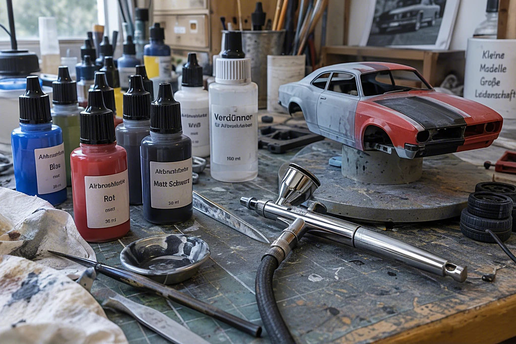 Airbrushfarben in Tropfflaschen, Verdünner und Airbrushpistole neben einem halb lackierten Modellauto