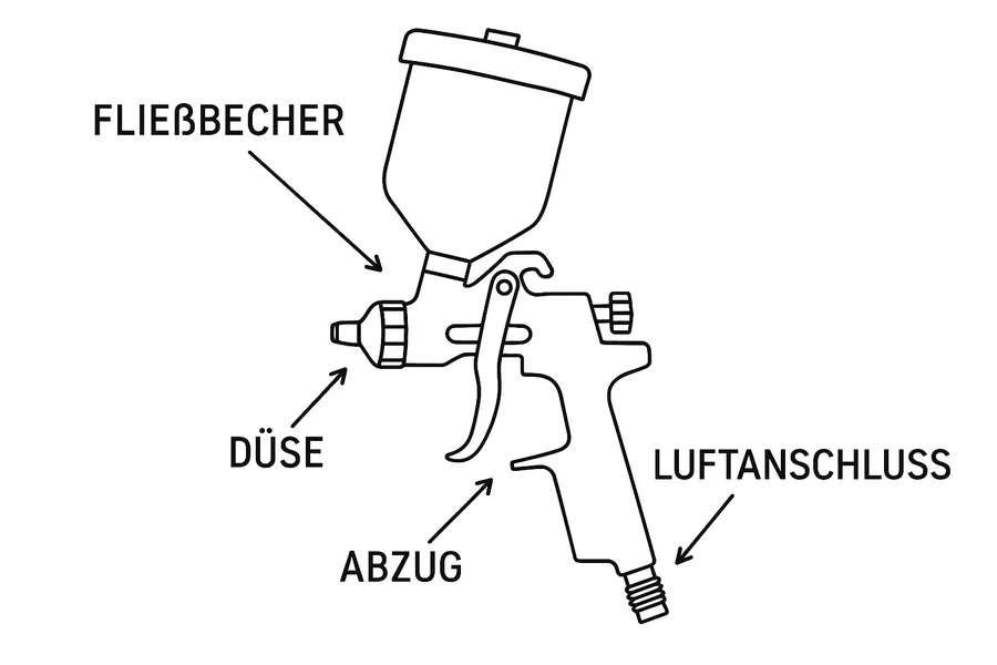 Aufbau einer Lackierpistole mit Düse, Nadel und Luftkappe