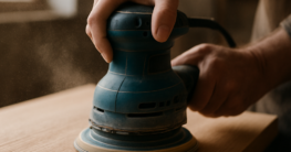 Heimwerker schleift eine Eichenholzplatte mit einem Excenterschleifer, feiner Holzstaub in der Werkstatt