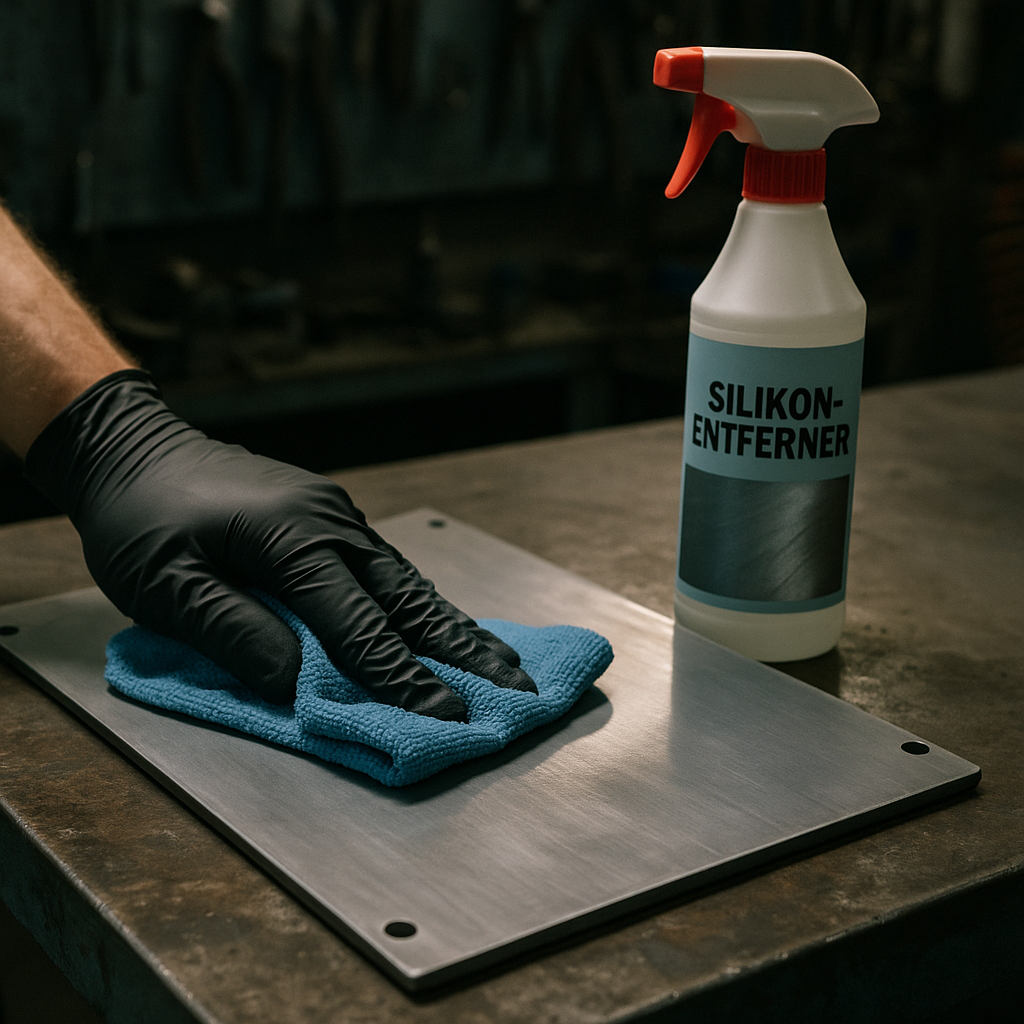 Metallpanel wird mit Silikonentferner und blauem Microfasertuch entfettet