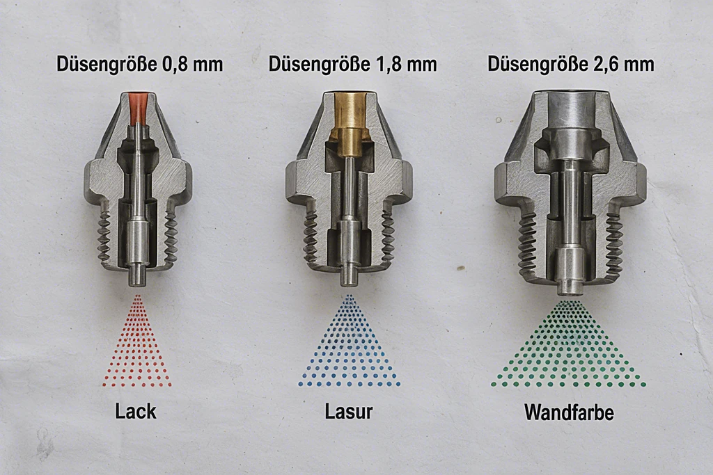 Düsengrößen im Vergleich: 0,8 mm für Lack, 1,8 mm für Lasur, 2,6 mm für Wandfarbe