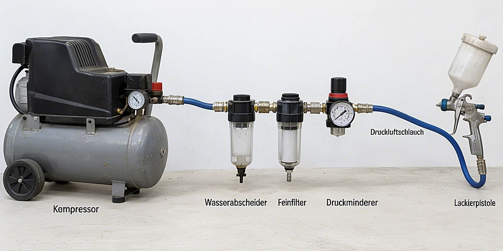 Kompressor, Wasserabscheider, Feinfilter, Druckminderer und Lackierpistole in Reihe geschaltet