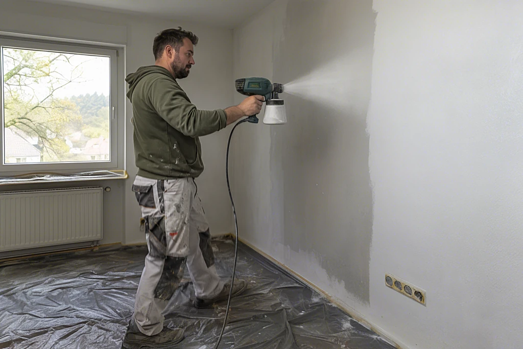 Heimwerker sprüht Wandfarbe mit einem Farbsprühsystem in einem leeren Raum